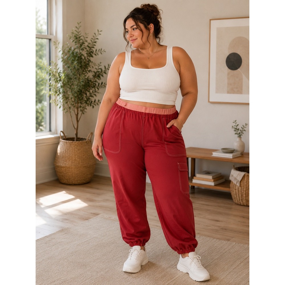Reebok x Cardi B Womens Plus Size 3X Triathlon Red Woven Cargo Jogger Pants‎ NEW